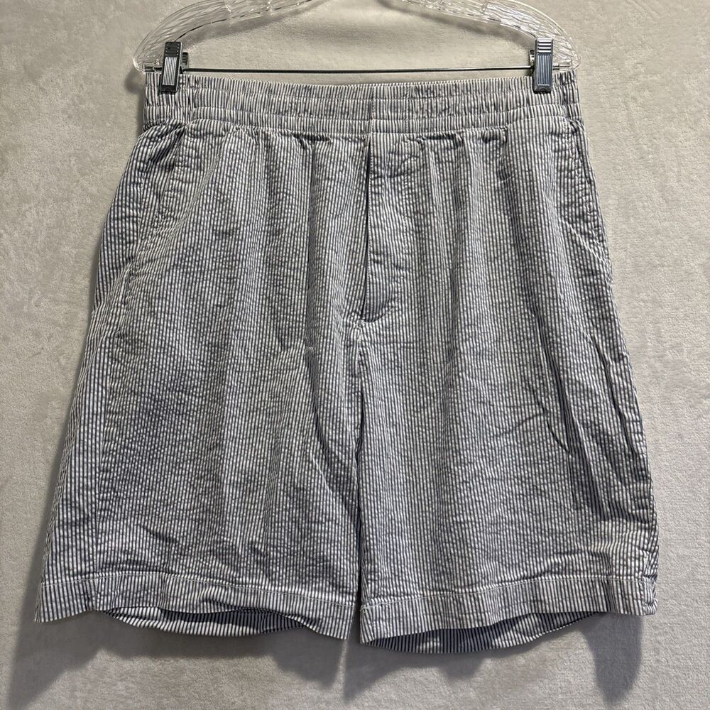 Uniqlo Stretch Easy Shorts Mens Large Seersucker Stripe Blue White Elastic Waist